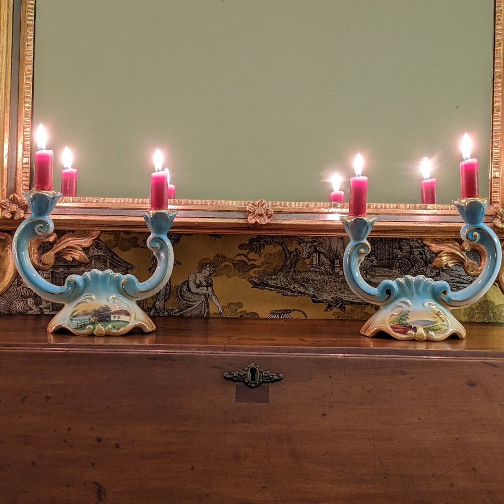 Pair of 1950s Pereiras Valado ceramic two-arm candle holders hand-painted scenes